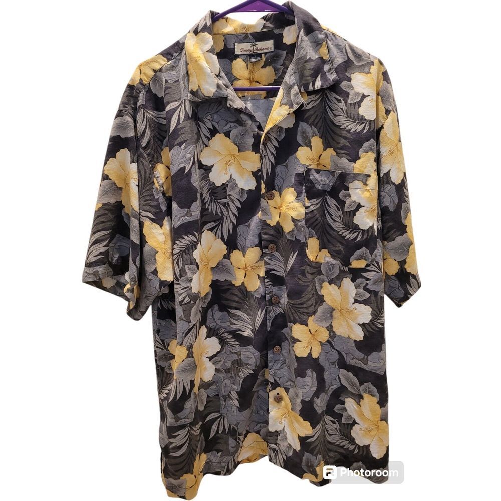 Tommy Bahama Shirt Mens L‎ Gray Floral Palm Trees 100% Silk Tropical Hawaiian